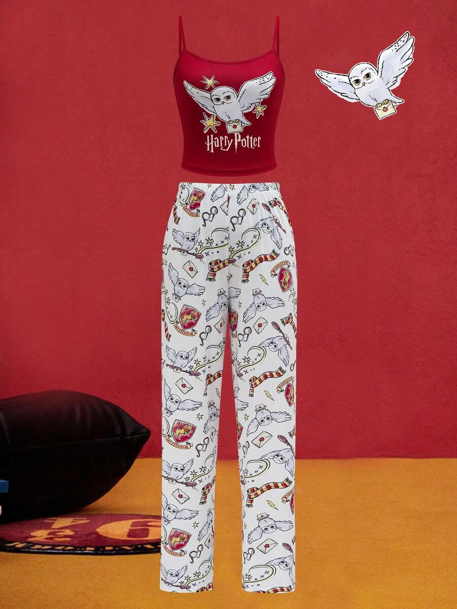 HARRY POTTER X SHEIN Women's Comfortable Owl Print Cami Top And Pants Pajama Set, Summer
