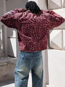 ROMWE MEN Street Life Áo khoác denim cổ khóa kéo họa tiết chữ và da báo dành cho nam, - Đỏ - Xem 2