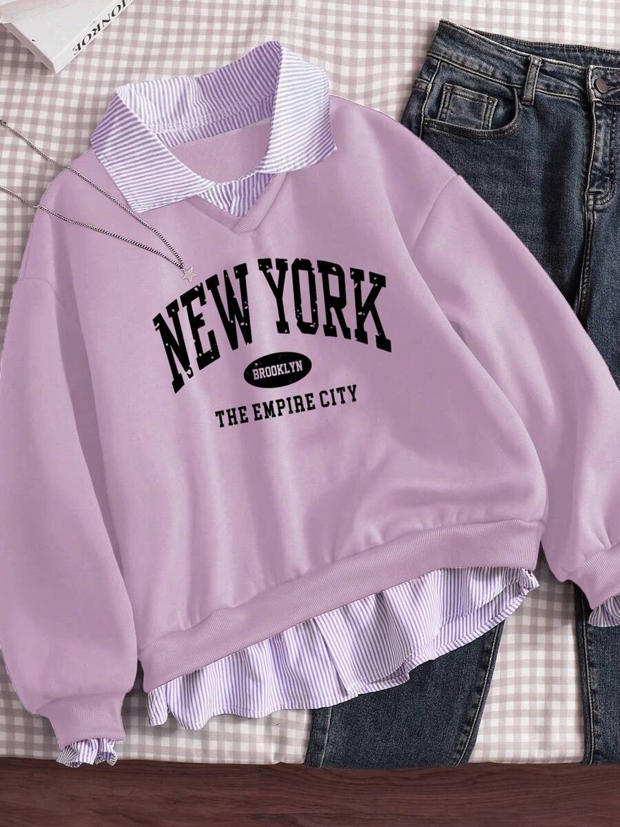 Tween Girls' Casual Pullover Sweatshirt, Versatile For School & Commute, 2 In 1 Sweatshirt With Shirt Collar, Numeric & Letter, Leopard Print Pattern, Loose Fit - Purple - View 1