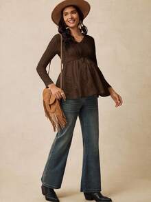 Boho Mama Maternity V-Neck Cable Knot Design Fashionable Versatile Long Sleeve T-Shirt - Brown - View 4