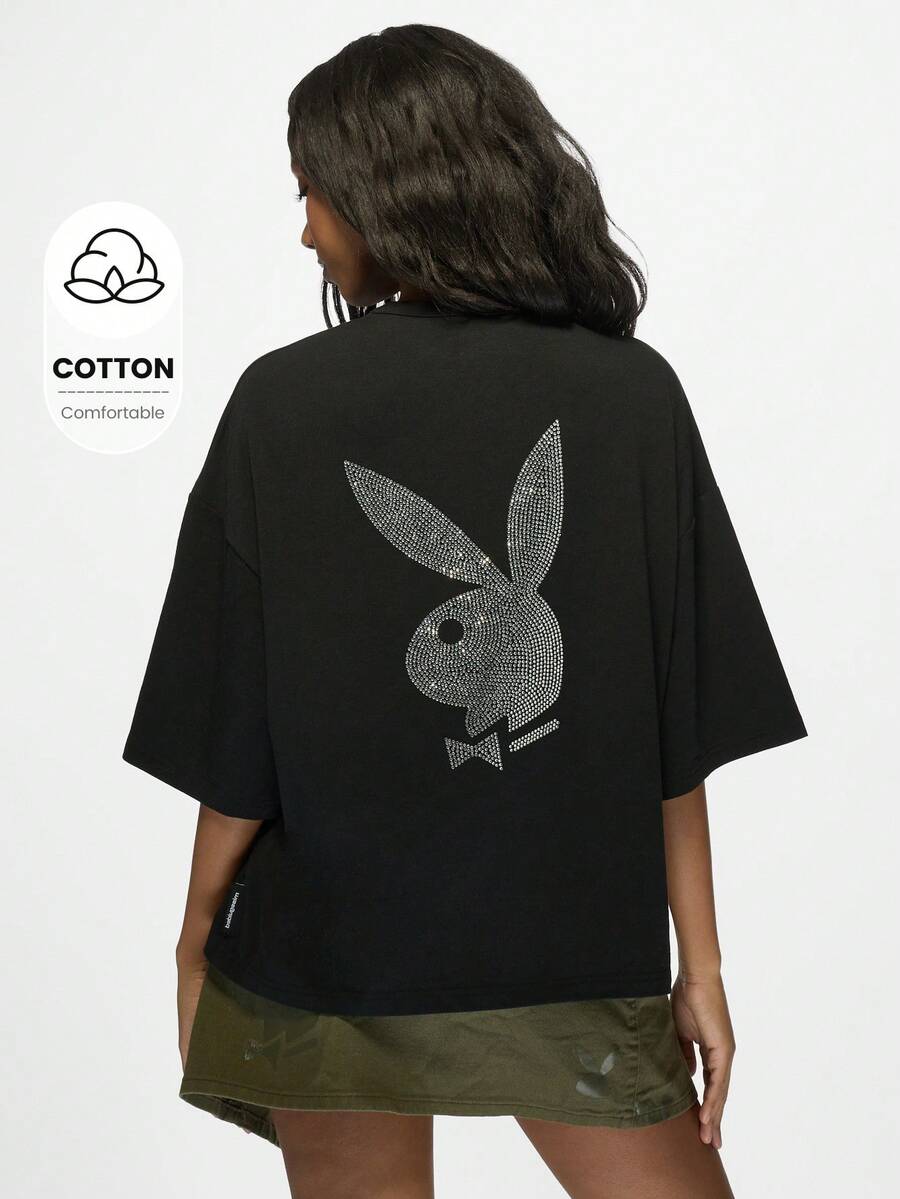 Missguided x Playboy Collection Rhinestone Bunny Logo Oversized T-Shirt | Streetwear Fashion Statement Top | Urban Casual Club Party Wear - Black - View 1