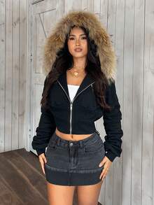 SHEIN PETITE Chân váy denim mini thường ngày viền cuộn có túi dành cho nữ - màu đen - Xem 7