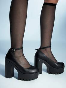 Sugerpunk Zapatos de tacón con plataforma versátiles y impermeables para uso diario de mujer - Negro - Ver 4