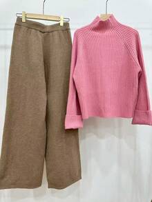 Chiquease 杏色女士针织毛衣两件套，罗纹奶油色套头衫和裤子，休闲简约风。 - 彩色 - 查看 2