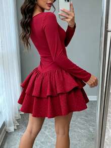 Vestido de Manga Larga con Cuello Cuadrado y Falda Doble: Estilo Romántico - Rojo - Ver 3