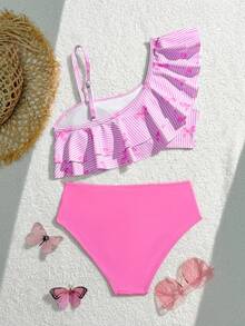 Bộ bikini cho bé gái tuổi teen, đồ bơi 2 mảnh có họa tiết nơ, sọc, bèo nhún hai lớp dễ thương, đồ bơi đi biển - Hồng - Xem 3