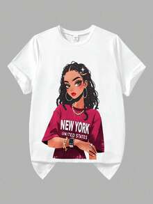 SHEIN ChillGRL Bộ 2 áo thun tay ngắn cổ tròn in họa tiết thường ngày cho bé gái tuổi teen và quần ống rộng có túi hộp, thời trang mặc hàng ngày và ngoài trời, màu xanh quân đội - Màu Hồng Tươi - Xem 3