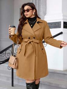 SHEIN Clasi 大码纯色简约日常保暖长袖外套 - 卡其色 - 查看 5