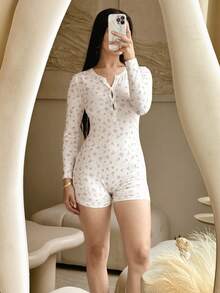 Andrea Bello Bộ đồ ngủ liền thân cài nút nửa vạt, tay dài họa tiết hoa nhỏ xinh, mùa lễ hội rực rỡ sắc hoa, mùa thu - trắng - Xem 5