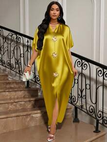 SHEIN Lady Váy ngày lễ Bốn mùa/Khách dự tiệc cưới/Trang phục/Váy dạ hội/Vàng/Trang phục dự tiệc/Vàng Váy xẻ tà phía trước bằng vải satin jacquard dành cho nữ, trang phục dự tiệc thường ngày thanh lịch - Màu vàng - Xem 7