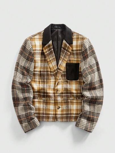 Street Life Herren Karomuster Patchwork Blazer aus Wollmischung mit Langarm