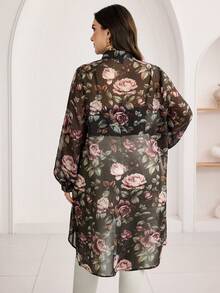 Modelyn 大码印花长袖优雅衬衫 - 黑色 - 查看 2