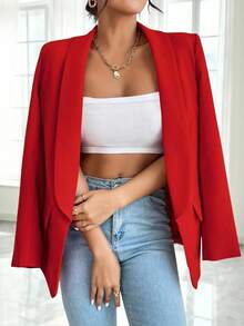Lumivelle Áo khoác blazer công sở tay dài cổ tròn trơn màu dành cho nữ - Đỏ - Xem 7