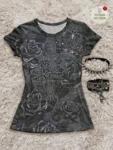 Attitoon Áo thun nữ cổ tròn rộng rãi họa tiết vương miện hoa hồng tông màu xám phong cách Punk cổ điển giản dị, thích hợp cho mùa thu/đông, phong cách cổ điển, gợi cảm, dễ thương, Y2K, cô gái dừa, boho, hippie, lễ hội âm nhạc - Nhiều màu - Xem 1