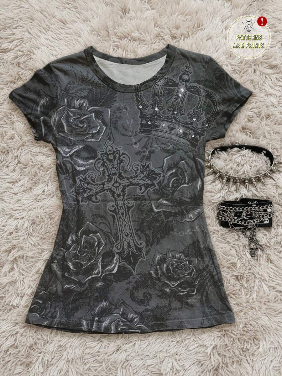 Attitoon Áo thun nữ cổ tròn rộng rãi họa tiết vương miện hoa hồng tông màu xám phong cách Punk cổ điển giản dị, thích hợp cho mùa thu/đông, phong cách cổ điển, gợi cảm, dễ thương, Y2K, cô gái dừa, boho, hippie, lễ hội âm nhạc - Nhiều màu - Xem 1