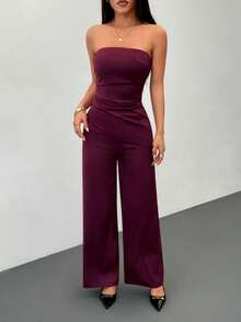 SHEIN PETITE Completo elegante da pendolare in raso bordeaux con orlo asimmetrico e top a tubo, pantaloni ampi e semplici. Completo elegante, nuovo abbigliamento da donna per l'anno nuovo, set elegante da donna, set bordeaux, tailleur marrone, outfit da festa, abiti natalizi, look autunnale da donna, adatto per primavera/estate, San Valentino, banchetti, appuntamenti - Bordò - Visualizzare 1