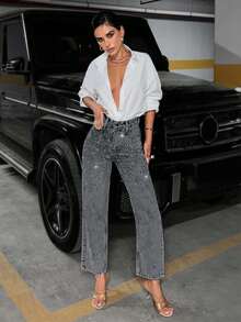 SHEIN Tall High Waist Pearl Slant Pocket Slim Straight Jeans Mom Jeans For Women High Waist Jeans Rhinestone Denim Women Jeans High Waist Rhinestone Jeans - Dark Grey - View 5