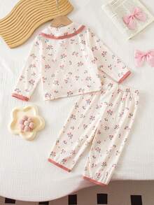 SHEIN Babygirl Cute Casual Floral Knit Peter Pan Collar Long Sleeve Loungewear Set