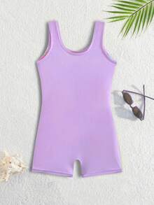 Sparklyn 全新时尚少女热带植物印花拼接连体泳衣（含短裤） - 紫色 - 查看 2