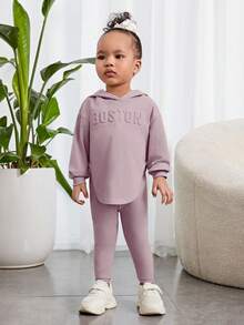 Bubblio Bộ áo dài tay có mũ trùm đầu màu xanh lá cây nổi giản dị cho bé gái sơ sinh và bộ quần bó sát - Bụi tím - Xem 5
