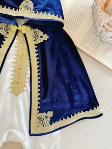 SHEIN 2pcs/Set Newborn Baby Boy/Girl Elegant Luxury White Satin Long Sleeve Romper & Navy Velvet Hooded Cape Outfit, Gold Trim Vintage Traditional Style Suitable For Indoor, Outdoor, Daily,  Party, Photo Shoot, Ceremony, Baby Shower, All Seasons,رمضان,الملابس التقليدية العربية Blue Vintage Baby Boy Outfit Baby New Year Clothes Baby Boy Vintage Outfit - Blue - View 9