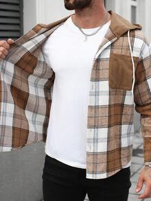 Manfinity Homme Men's Comfortable Plaid Hooded Long Sleeve Single Pocket Wool Shirt, Casual For Autumn/Winter, Suitable For Vacation, Party, Office, Dating, Simple And Versatile Men Shirts Streetwear Men Shacket Men Flannels Mens Layered Shirts