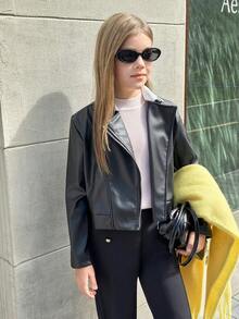 Cool och snygg kort jacka i konstläder för flickor, långärmad - Svart - Visa 3