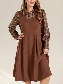 Momelise Plus Size Multicolor Plaid Collar Long Sleeve A Line Knee Length Casual Woven Fabric Dress With Pockets - Multicolor - View 5