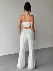 Almamuse Women's Fitted Sequin Embellished Loose Pants 2 Pieces Set - Silver - View 2