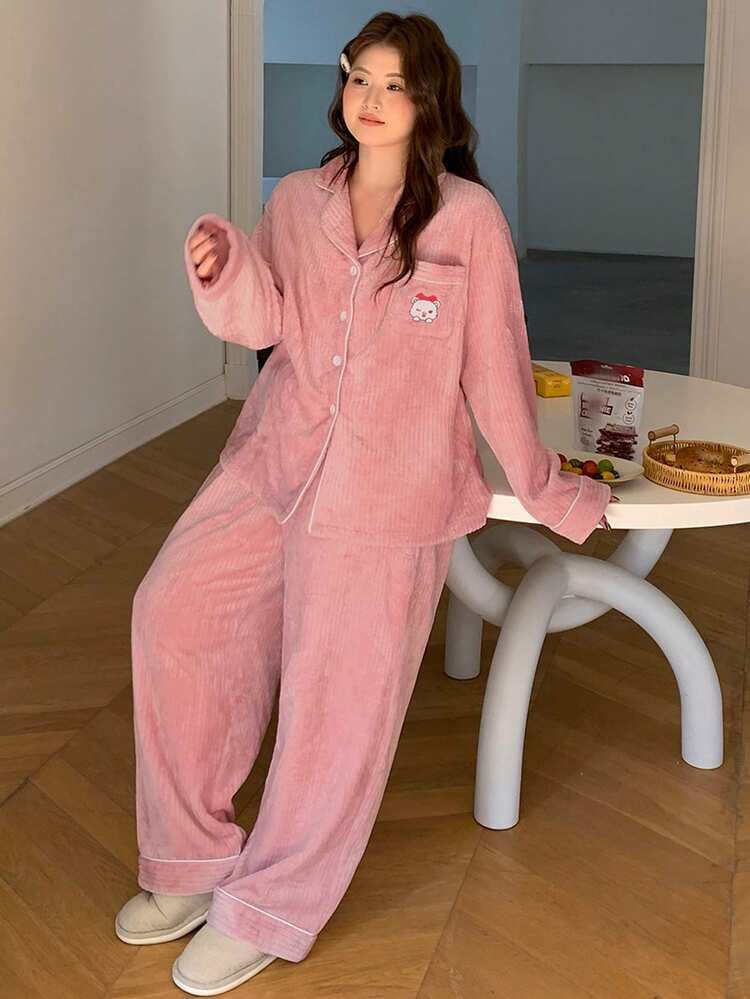 Dazy Plus Plus Size Women Casual Thermal Lined Cute Pattern Loose Sweatshirt And Pants Pajama Set, Autumn/Winter