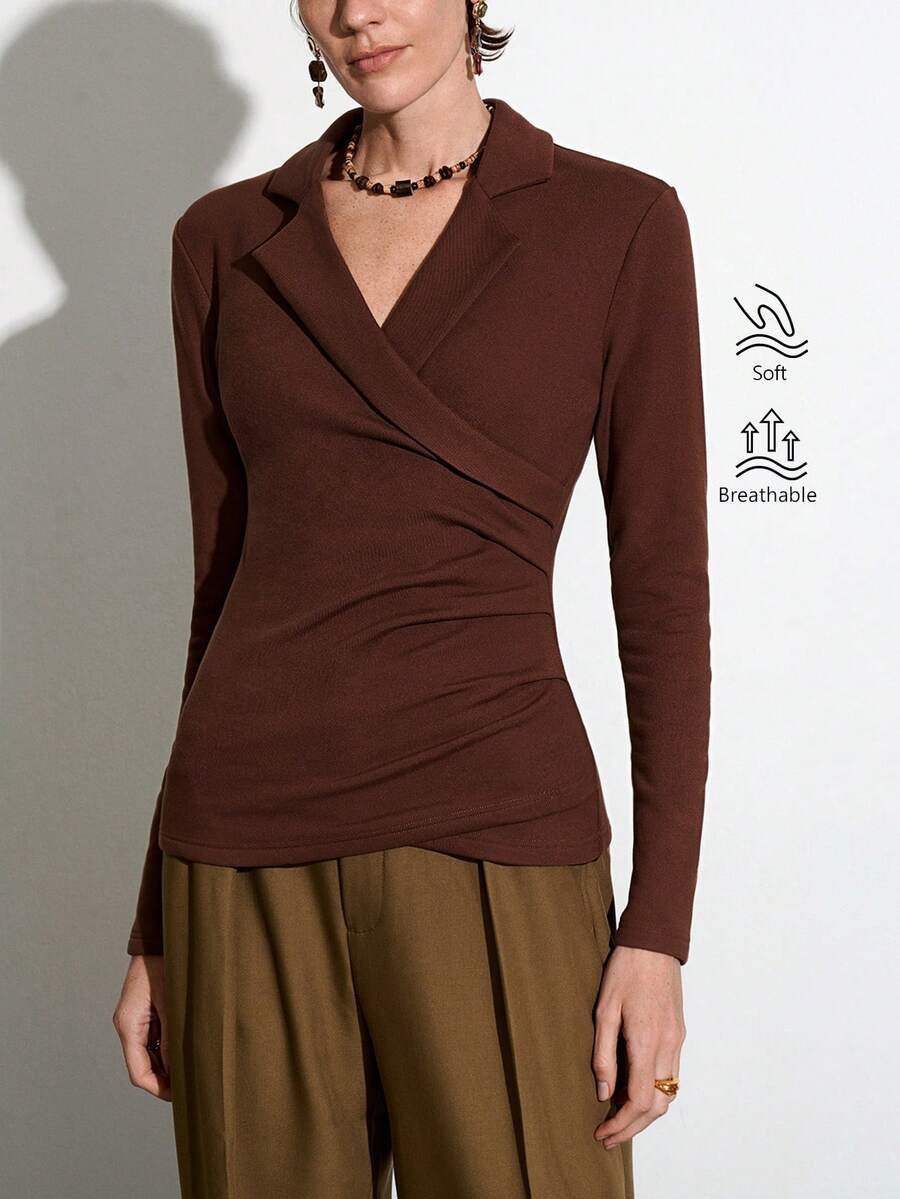 SHEIN Stylify 女士纯色V领长袖T恤，褶皱领修身休闲上衣，适合春、夏、秋、冬穿着。