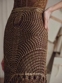 Anewsta 夏季、海滩、节日、假日优雅绳结钩针镂空刺绣金属金色点缀 A 字裙 - 棕色 - 查看 2
