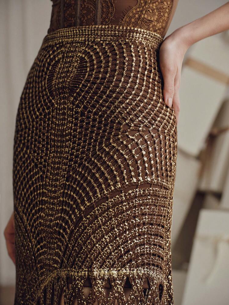 Summer, Beach, Festival, Holiday Elegant Rope Knot Crochet Hollow Out Embroidered Metallic Gold Accent A-Line Skirt