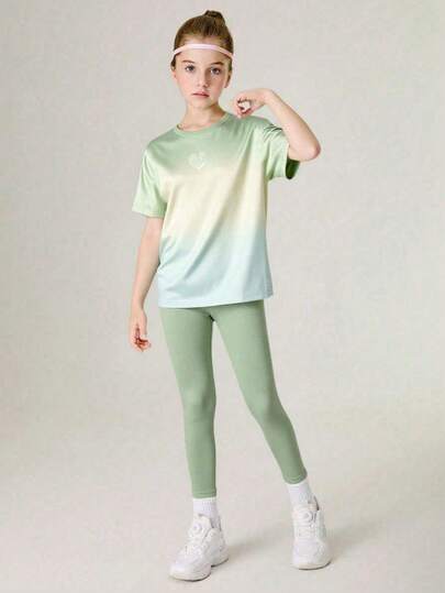 SHEIN Tween Girls 2 Pieces Set: T-Shirt + Leggings, Yoga/Sports/Running Workout, Stretchy, Colorful, Campus/Street Style Athletic Outfit