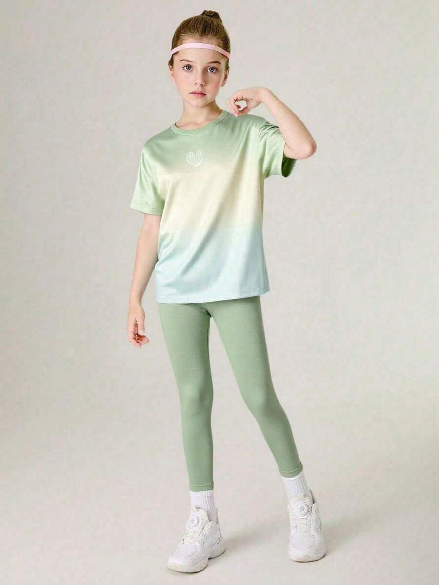 SHEIN 青少年女孩两件套：T 恤 + 紧身裤，瑜伽/运动/跑步锻炼，弹力，彩色，校园/街头风格运动服 - 薄荷綠 - 查看 1