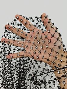 SHEIN Swim SXY 女士渔网镶钻性感露背迷你连衣裙罩衫比基尼透视低胸连衣裙 - 黑色 - 查看 6