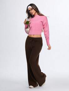 Eassivo Eassivo Regular Fit Crew Neck Long Sleeve Knit Sweater - Pink - View 3