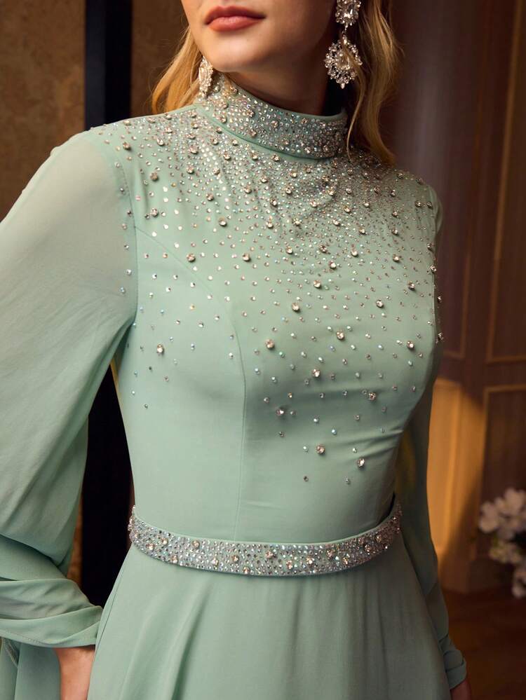 MOTF Soiréza WOMEN'S MOCK COLLAR FLOOR-LENGTH PARTY GOWN, RHINESTONE EMBELLISHMENTS CHIFFON SUPER LONG SLEEVE FITTED SILHOUETTE DRESS, PERFECT FOR FORMAL EVENTS