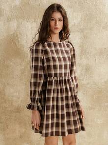 Florisole 女士秋冬波西米亚休闲风宽松A字长袖格子迷你连衣裙 - 酒紅色 - 查看 3