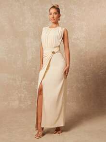 Lumalex Women's Elegant Beige Summer Maxi Dress,Round Neck Pleated Metal Décor Sleeveless Fitted Evening Gown,High Split Hem Dining Party Wedding Guest Dress - Apricot - View 7