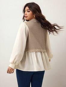 Enliva 2026新年新款加大码女式条纹撞色A字宽松长袖T恤，适合苹果型和圆润身材 - 杏色 - 查看 2