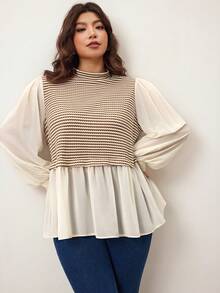 Enliva 2026新年新款加大码女式条纹撞色A字宽松长袖T恤，适合苹果型和圆润身材 - 杏色 - 查看 5