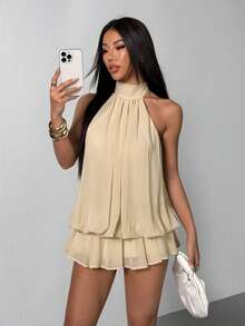 SHEIN PETITE 女士优雅米色吊带系带迷你连衣裙 - 米色 - 查看 7