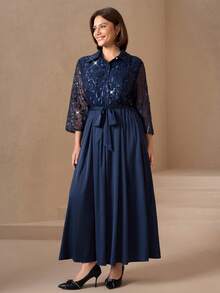 Chikora Váy sơ mi tay 3/4 họa tiết hoa thêu chắp vá cỡ lớn cho nữ có túi thanh lịch - Màu xanh hải quân - Xem 11