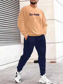 Cotton 2pcs/Set Men's Letter Printed Sweatshirt And Sweatpants Set - Camel - View 6