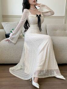 Feyla 女士优雅通勤连衣裙，饰有蝴蝶结蕾丝 - 黑與白 - 查看 4