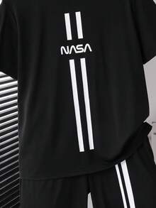 SHEIN Vacaura 2pcs/Set Teenage Boys Casual Crew Neck Short Sleeve Top And Shorts Set, Sporty & Cool Summer Outfit - Black - View 7