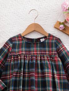 SHEIN Young Girls' French Elegant Plaid Patchwork Woven Fitted Long Sleeve Dress, Autumn/Winter,Christmas - Black - View 3