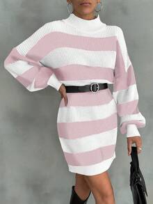 EURMUSE Women Drop Shoulder Sweater Dress With Striped Pattern - Baby Pink - View 6