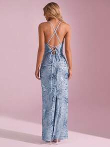 SHEIN Glamour 女士优雅性感亮片刺绣露背吊带连衣裙 - 淺藍色 - 查看 2